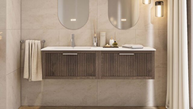 Hangend donker eiken badkamermeubel 120 cm met één lade en dubbele mat beige mineraalstenen wastafel