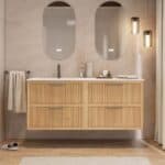 Modern naturel eiken badkamermeubel 120 cm met één lade en mat beige mineraalstenen wastafel