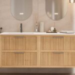 Modern naturel eiken badkamermeubel 120 cm met één lade en mat beige mineraalstenen wastafel