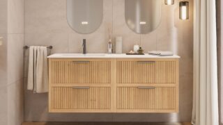 Modern naturel eiken badkamermeubel 120 cm met één lade en mat beige mineraalstenen wastafel