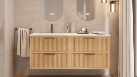 Modern naturel eiken badkamermeubel 120 cm met één lade en mat beige mineraalstenen wastafel