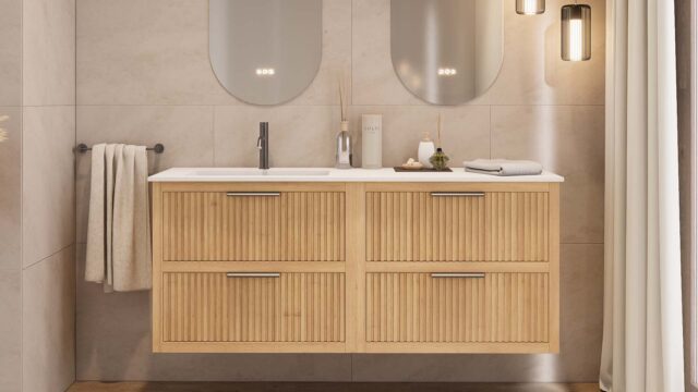 Modern naturel eiken badkamermeubel 120 cm met één lade en mat beige mineraalstenen wastafel