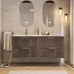 Modern donker eiken badkamermeubel 120 cm met één lade en mat beige mineraalstenen wastafel