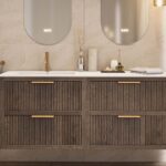 Modern donker eiken badkamermeubel 120 cm met één lade en mat beige mineraalstenen wastafel