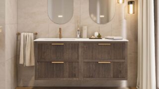 Modern donker eiken badkamermeubel 120 cm met één lade en mat beige mineraalstenen wastafel