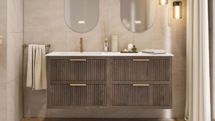 Modern donker eiken badkamermeubel 120 cm met één lade en mat beige mineraalstenen wastafel