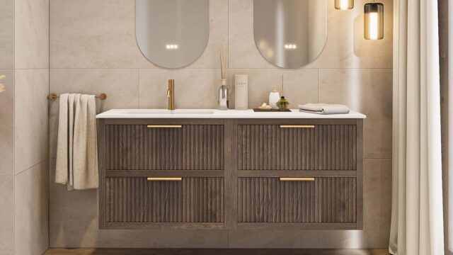 Modern donker eiken badkamermeubel 120 cm met één lade en mat beige mineraalstenen wastafel