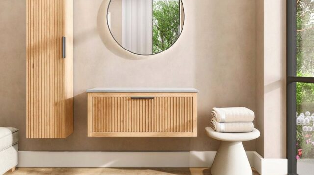 Hangend eiken badkamermeubel 100 cm met één lade en grijs limestone blad met witte waskom