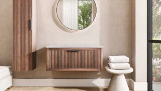 Eiken wastafelmeubel 100 cm met één lade en grijs limestone blad met ronde keramische waskom