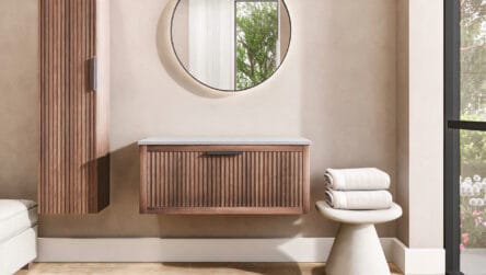 Eiken wastafelmeubel 100 cm met één lade en grijs limestone blad met ronde keramische waskom