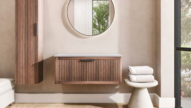 Eiken wastafelmeubel 100 cm met één lade en grijs limestone blad met ronde keramische waskom