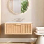 Hangend modern naturel eiken badkamermeubel 100 cm met vlak front, één lade en marmer blad met waskom