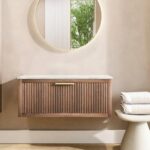 Hangend houten badmeubel 100 cm met één lade en wit marmer blad met ronde keramische waskom