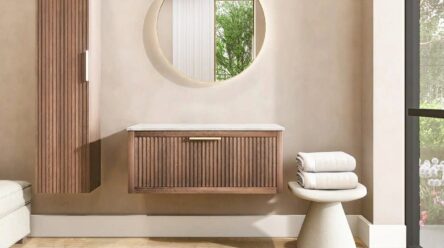 Hangend houten badmeubel 100 cm met één lade en wit marmer blad met ronde keramische waskom
