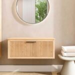 Hangend houten badkamermeubel 100 cm met één lade en naturel eiken blad met witte waskom