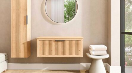 Hangend houten badkamermeubel 100 cm met één lade en naturel eiken blad met witte waskom
