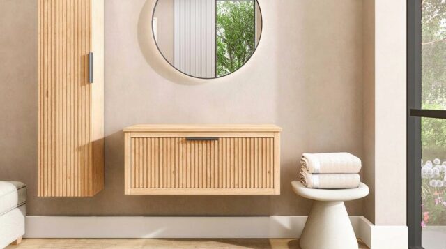 Hangend houten badkamermeubel 100 cm met één lade en naturel eiken blad met witte waskom