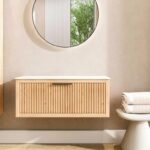 Hangend naturel eiken badkamermeubel 100 cm met één lade en solid surface blad met witte waskom