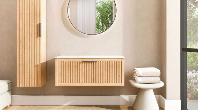 Hangend naturel eiken badkamermeubel 100 cm met één lade en solid surface blad met witte waskom