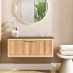 Massief eiken badmeubel 100 cm met ribbelfront, granieten blad en ronde witte keramische waskom