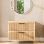 Hangend naturel eiken badkamermeubel 100 cm met twee lades en naturel eiken blad met witte waskom