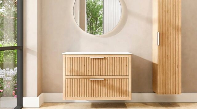 Hangend naturel eiken badkamermeubel 100 cm met ribbelfront, twee lades en solid surface blad met witte waskom