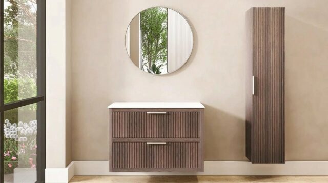Hangend donker eiken badkamermeubel 100 cm met ribbelfront, twee lades en solid surface blad met witte waskom