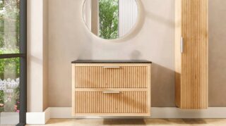Hangend houten wastafelmeubel 100 cm met ribbelfront, twee lades en granieten blad met witte waskom