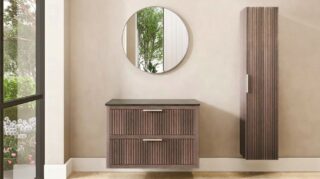 Massief eiken badmeubel 100 cm met ribbelfront, dubbele lade en donker granieten blad met waskom