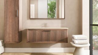 Hangend houten badkamermeubel 120 cm met één lade en grijs limestone blad met één waskom