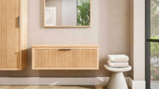 Massief houten badkamermeubel 120 cm met één lade en naturel eiken blad met één waskom
