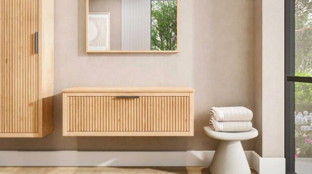 Massief houten badkamermeubel 120 cm met één lade en naturel eiken blad met één waskom