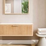 Modern naturel eiken badkamermeubel 120 cm met één lade en solid surface blad met één waskom