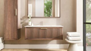 Hangend houten badmeubel 120 cm met ribbelfront, solid surface blad en één ronde witte waskom