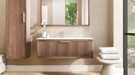 Hangend houten badmeubel 120 cm met ribbelfront, solid surface blad en één ronde witte waskom