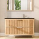 Houten wastafelmeubel 120 cm met ribbelfront, twee lades en granieten blad met ronde witte waskom