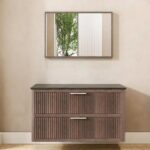 Modern hangend badmeubel 120 cm in eiken met ribbelfront, twee lades en granieten blad met één waskom