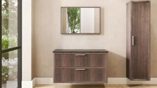Modern hangend badmeubel 120 cm in eiken met ribbelfront, twee lades en granieten blad met één waskom
