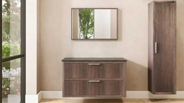Modern hangend badmeubel 120 cm in eiken met ribbelfront, twee lades en granieten blad met één waskom