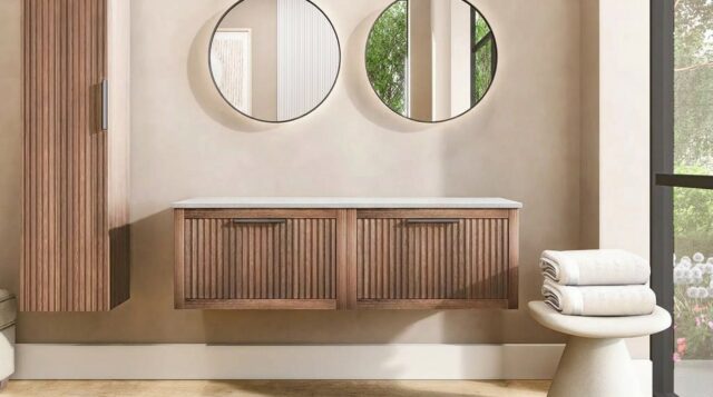 Hangend houten badkamermeubel 140 cm met twee lades en grijs limestone blad met twee waskommen