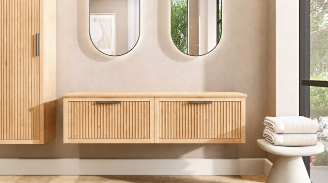 Hangend houten badkamermeubel 160 cm met één lade en naturel eiken blad met witte waskom