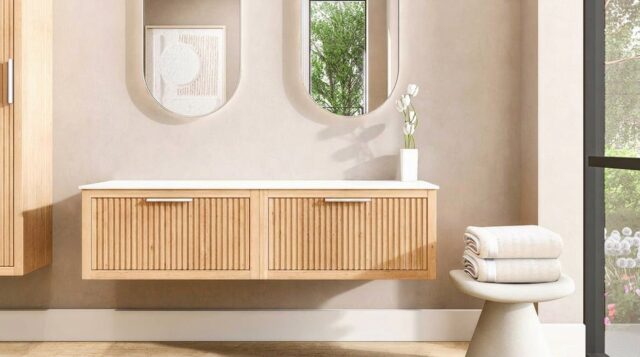 Hangend naturel eiken badkamermeubel 160 cm met één lade en solid surface blad met witte waskom
