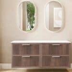 Hangend donker eiken wastafelmeubel 160 cm met ribbelfront, vier lades en solid surface blad met 2 waskommen