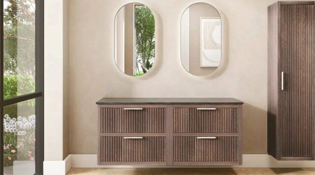 Modern wastafelmeubel 160 cm massief eiken met ribbelfront, twee lades en granieten met 2 waskommen