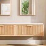 Hangend modern naturel eiken badkamermeubel 200 cm met vlak front, één lade en marmer blad met waskom