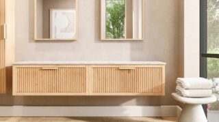 Hangend modern naturel eiken badkamermeubel 200 cm met vlak front, één lade en marmer blad met waskom
