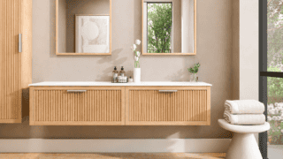 Hangend naturel eiken badkamermeubel 200 cm met één lade en solid surface blad met witte waskom