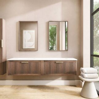 Modern hangend wastafelmeubel 200 cm eiken met ribbelfront, solid surface en twee ronde witte waskommen