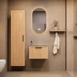 Hangend houten badkamermeubel 60 cm met één lade en grijs limestone blad met witte waskom