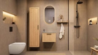 Hangend houten badkamermeubel 60 cm met één lade en grijs limestone blad met witte waskom